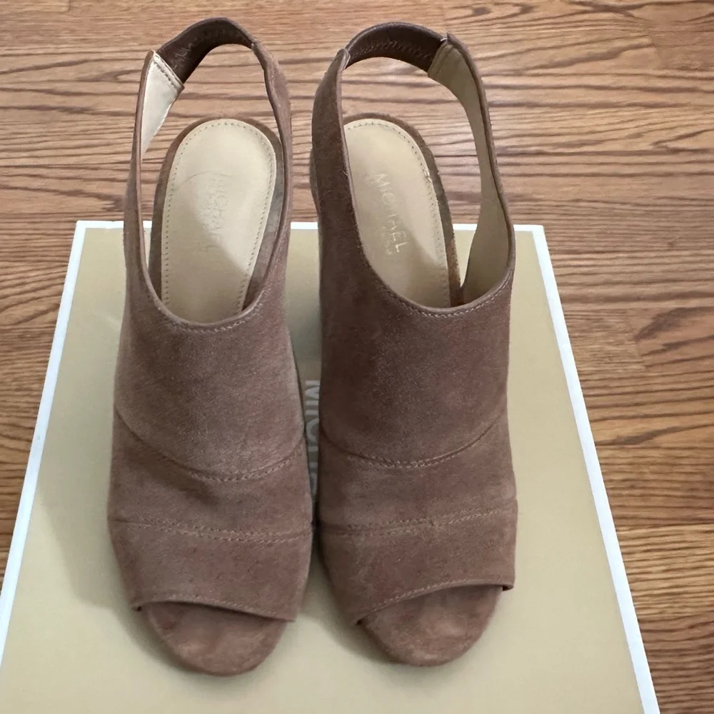 Michael Kora Tan Suede Mules with Block Heel